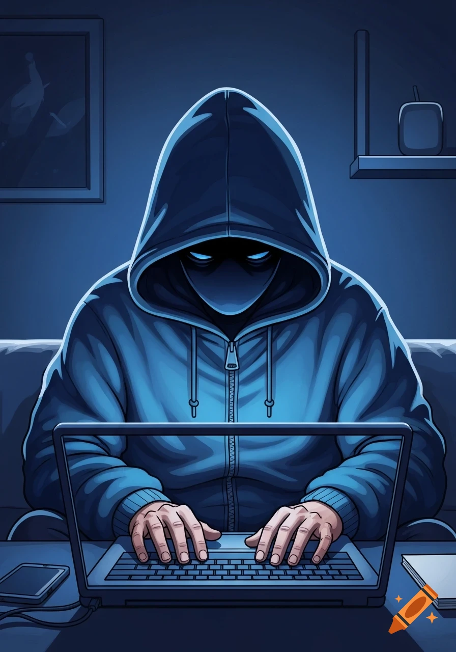 Illustration of a person in a blue hoodie with glowing eyes typing on a laptop in a dark room.