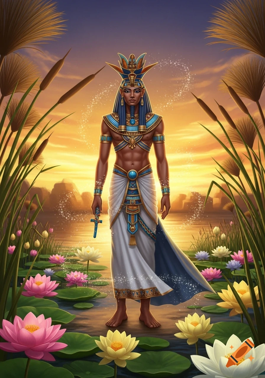 An Egyptian deity in elaborate blue and gold attire stands barefoot in a water lily pond at sunset.