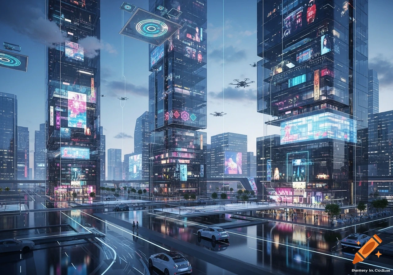 A vibrant, futuristic cityscape with towering transparent skyscrapers ...