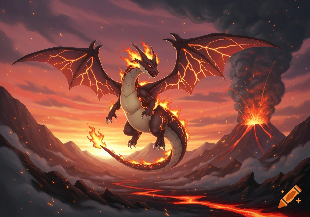A stylized fire dragon with glowing scales and flames flies above a ...