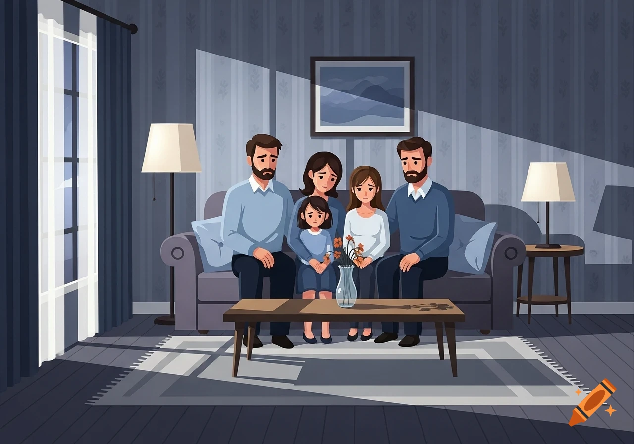 Illustration of a somber family with two parents and two children sitting on a couch in a dimly lit living room.