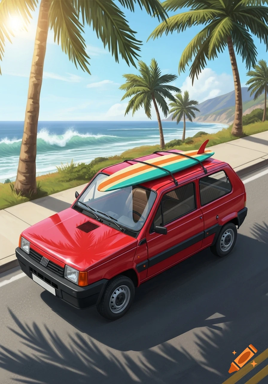 Red Fiat Panda car with a colorful surfboard on its roof, parked on a road overlooking a sunny beach with palm trees and ocean waves.