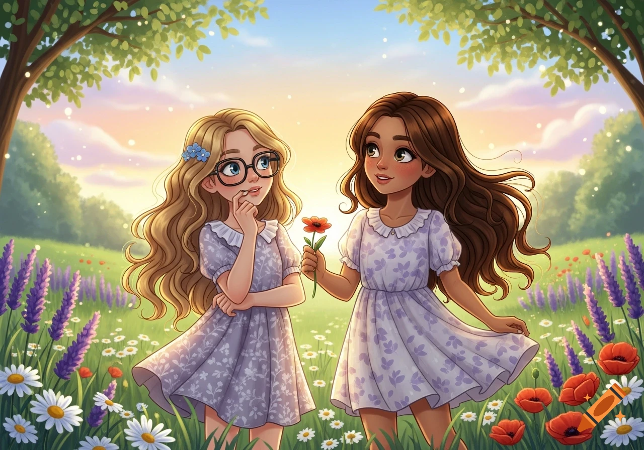 An illustration of two girls, one blonde with glasses and one brunette, in a sunny flower field. The brunette offers the blonde a red flower.