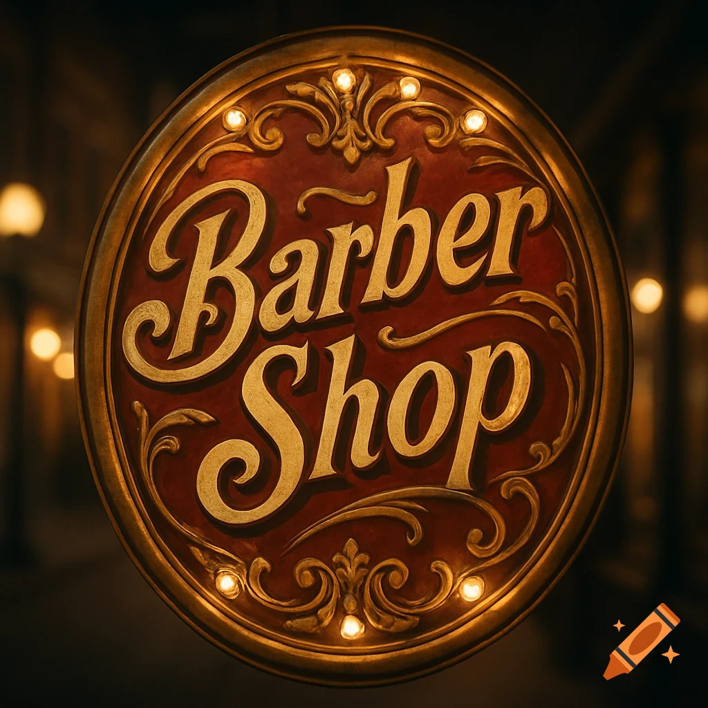 A round, ornate, vintage barber shop sign in red and gold with 'Barber Shop' written in script, illuminated by bulbs.