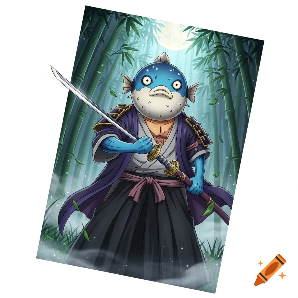 An anime-style blue pufferfish fishman samurai, dressed in purple and black, holding a katana in a bamboo forest under a full moon.