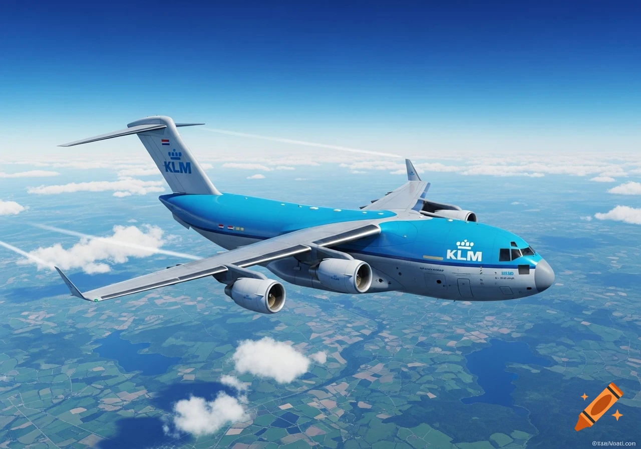 A blue and grey KLM cargo plane flying above green fields under a clear blue sky with white clouds.