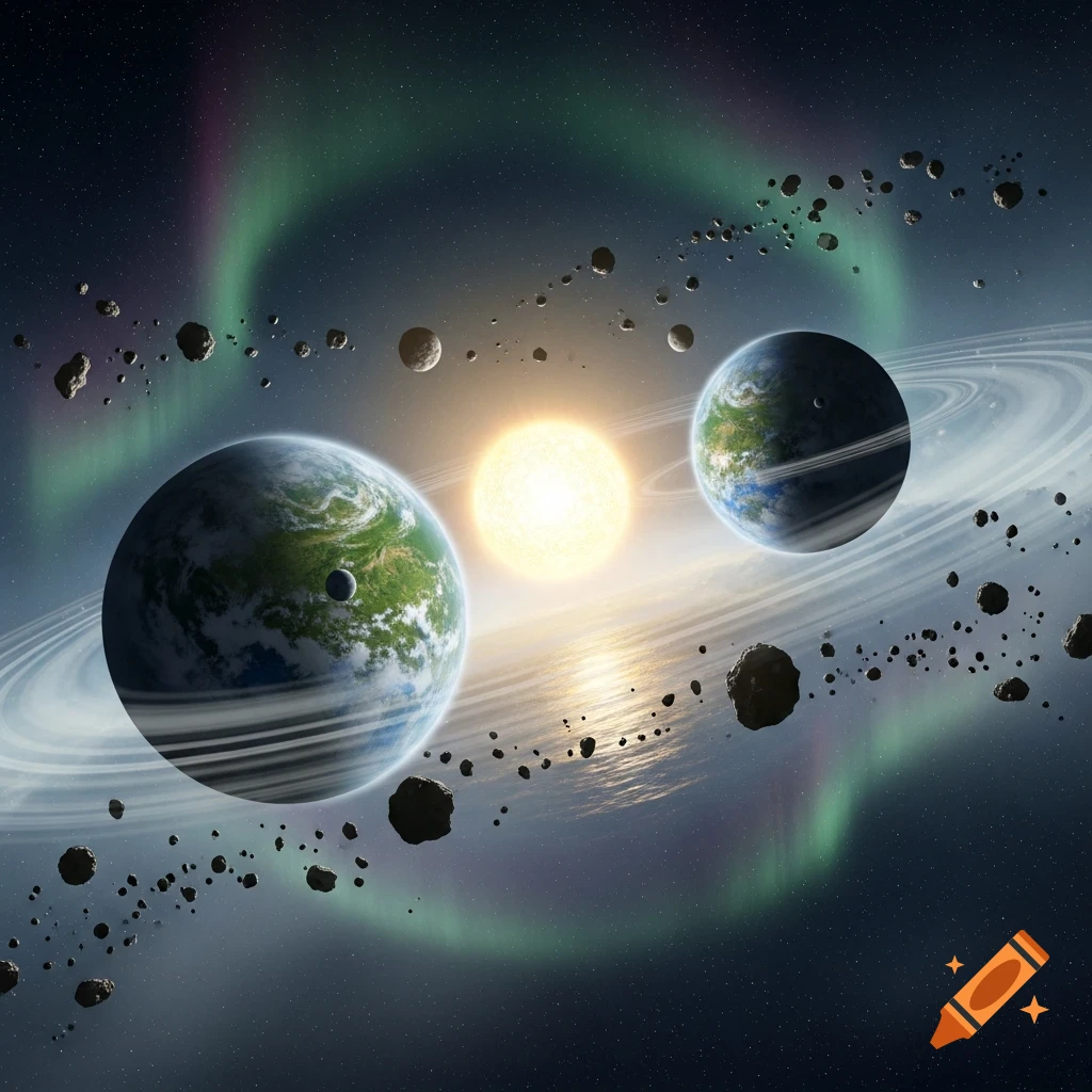 A vibrant solar system with a bright sun, two ringed planets, asteroids, and a green aurora in starry space.