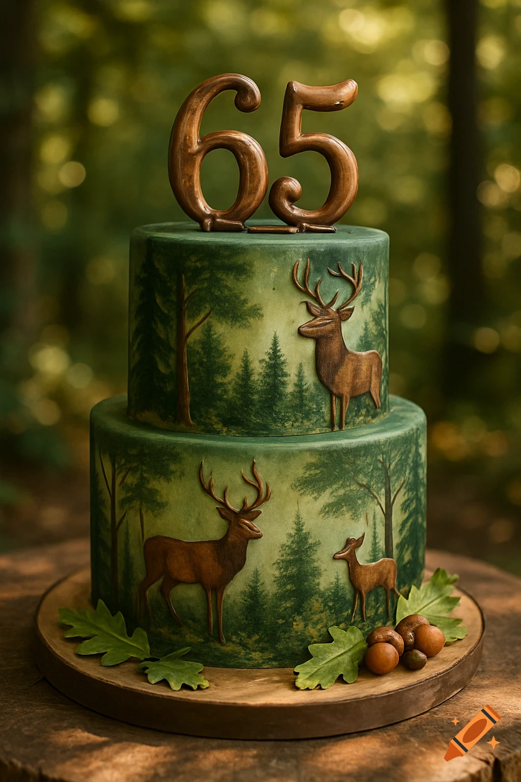 A two-tiered birthday cake decorated with a forest scene, deer, and the number "65" on top, sitting on a wooden slab.