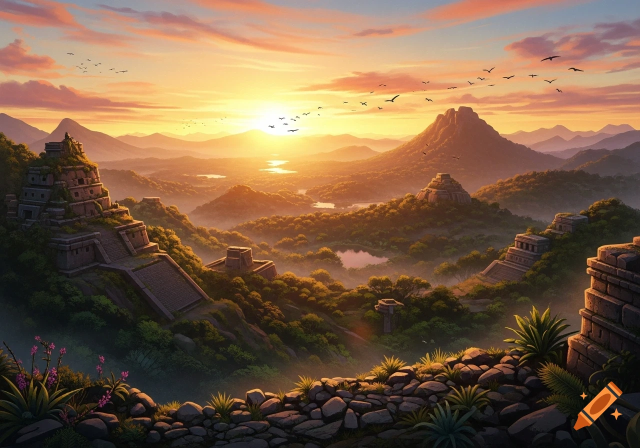 An epic, painterly landscape depicting ancient Mayan-style pyramids and temples in lush, misty valleys at sunset, with birds flying.