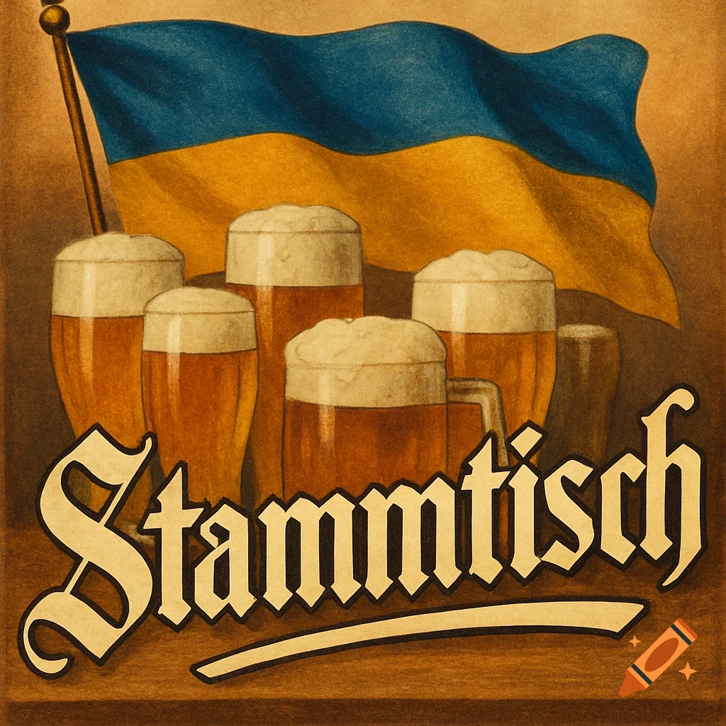 Vintage illustration of the word 'Stammtisch' with multiple beer glasses and a blue and yellow flag in the background.