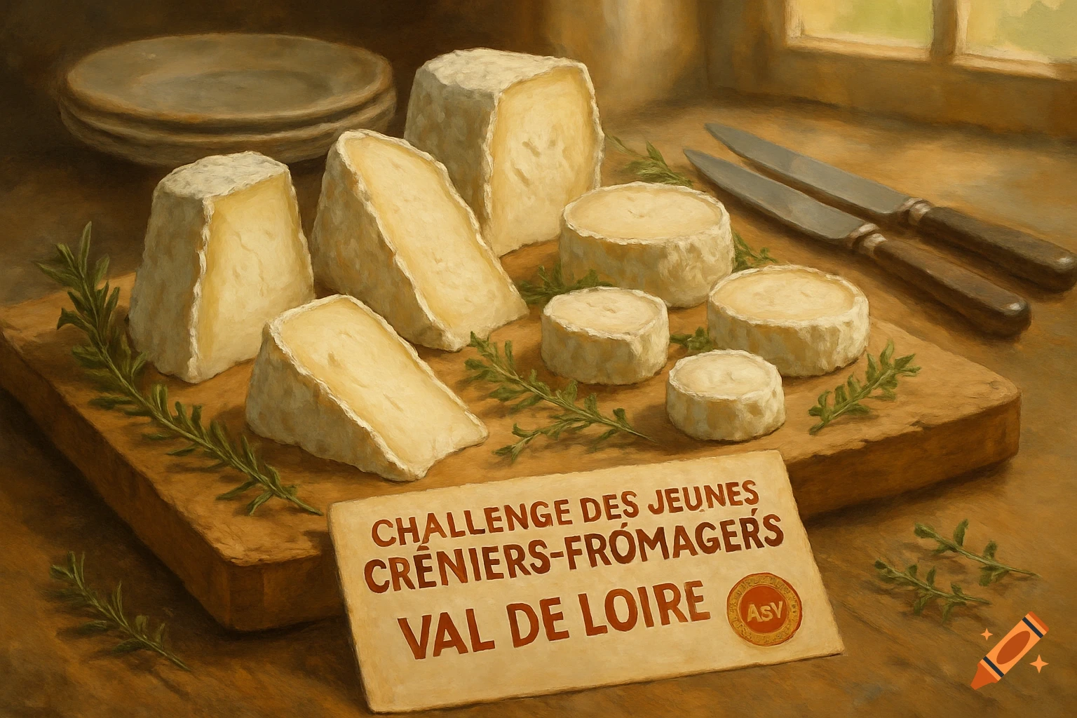 An artistic painting shows various cuts and rounds of white cheese with green herbs on a wooden board, with a sign in front and two knives in the background.