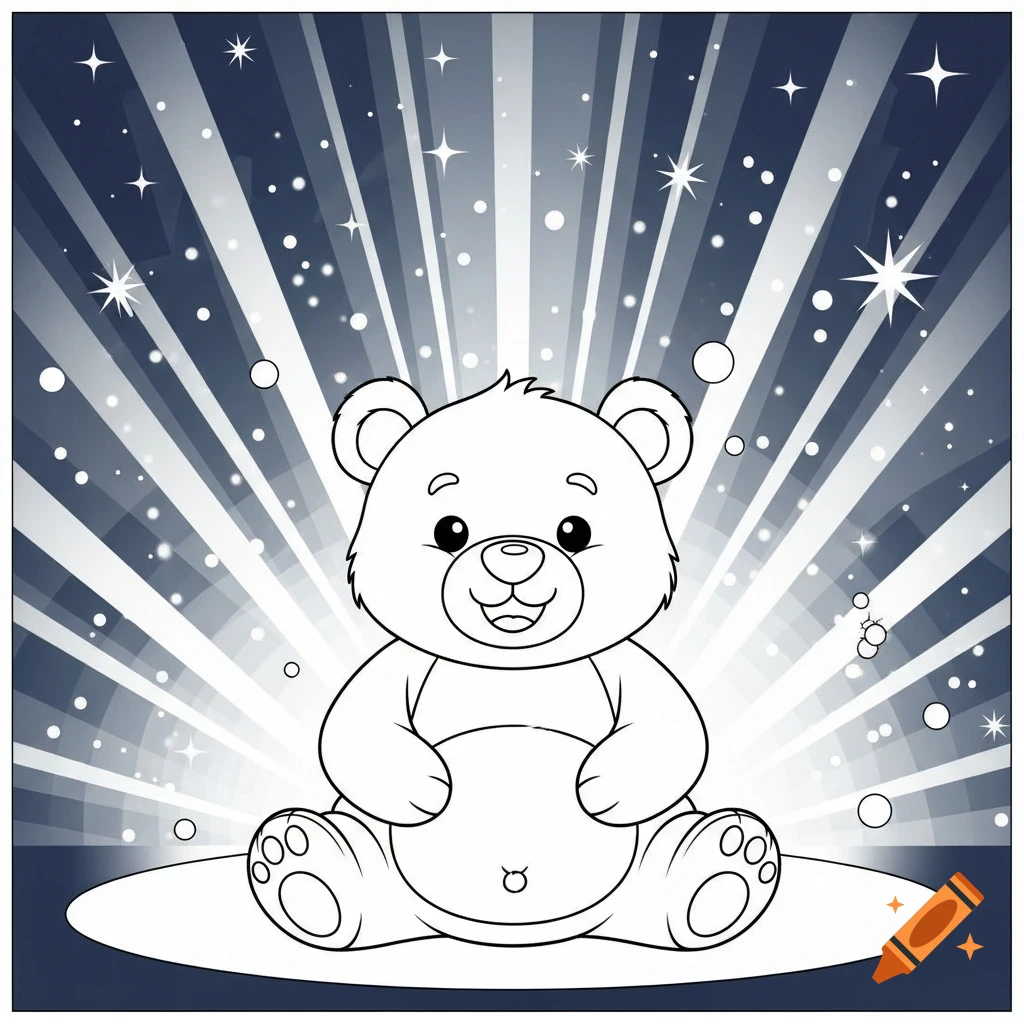 A cute cartoon bear in outline, ready for coloring, sitting against a background of sparkling light rays and stars.