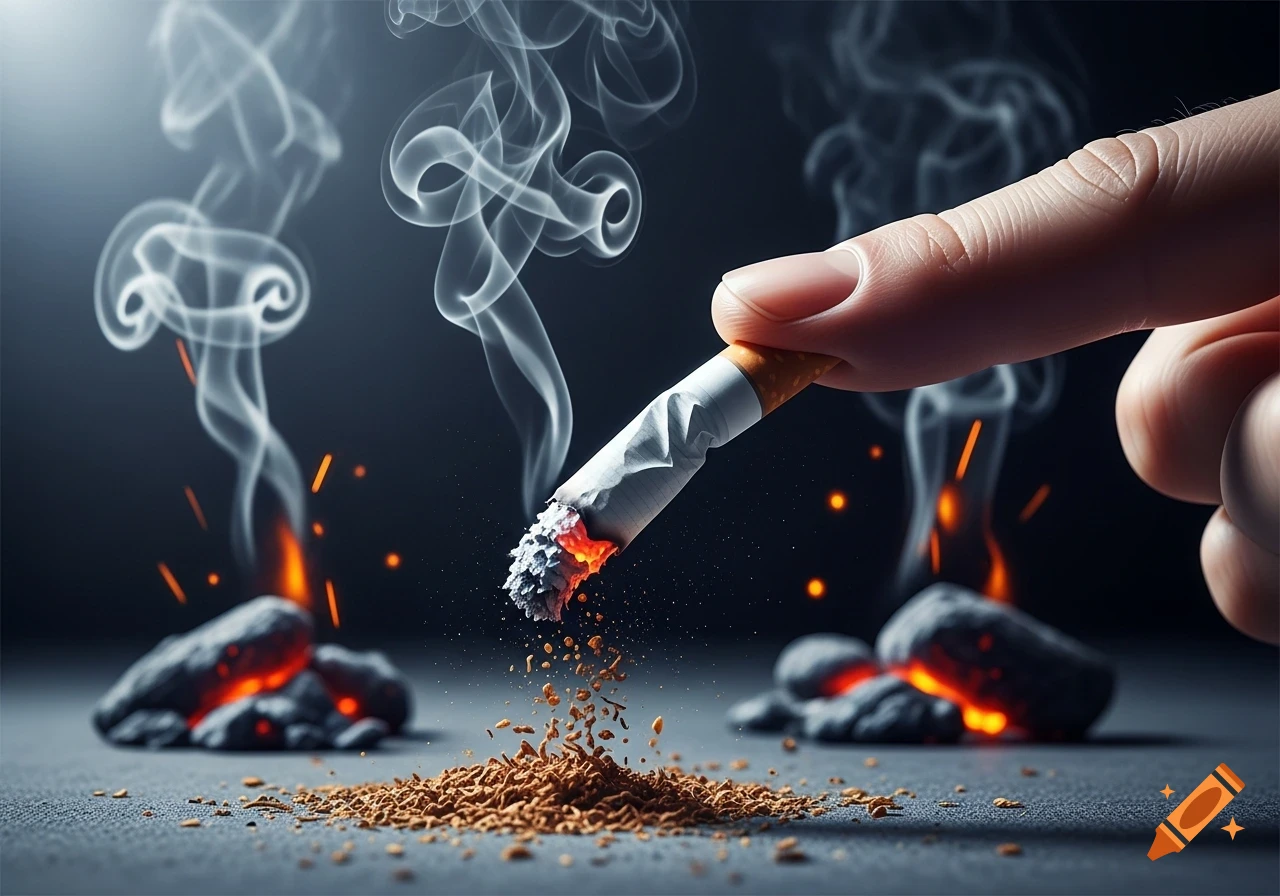 A close-up of a hand holding a lit cigarette with ash falling onto a pile of tobacco, surrounded by smoke and glowing embers on a dark background.