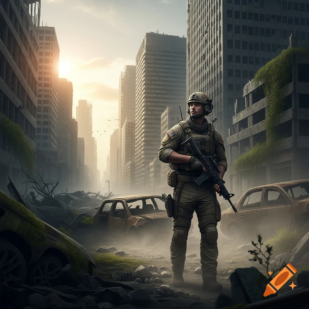 A photorealistic image of a soldier with a rifle standing in the hazy, ruined streets of a post-apocalyptic city at sunset.
