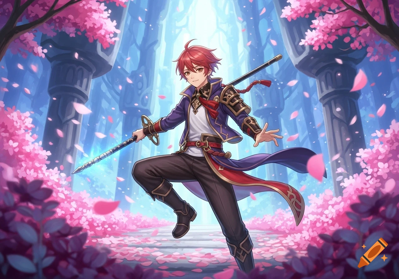 Red-haired anime character in a fantasy setting, holding a glowing sword amidst pink cherry blossoms and ancient pillars.