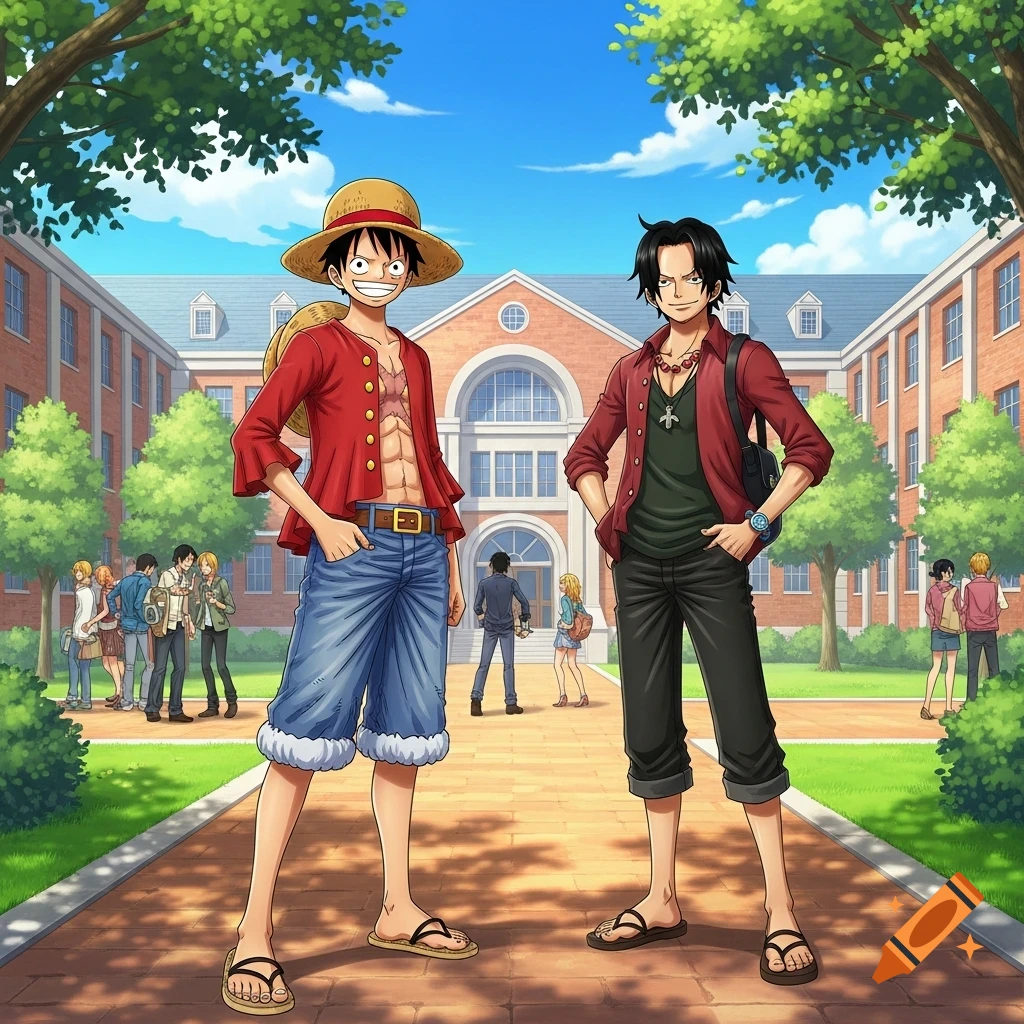 Anime illustration of Luffy in a straw hat and Ace standing in front of a brick college building on a sunny day.
