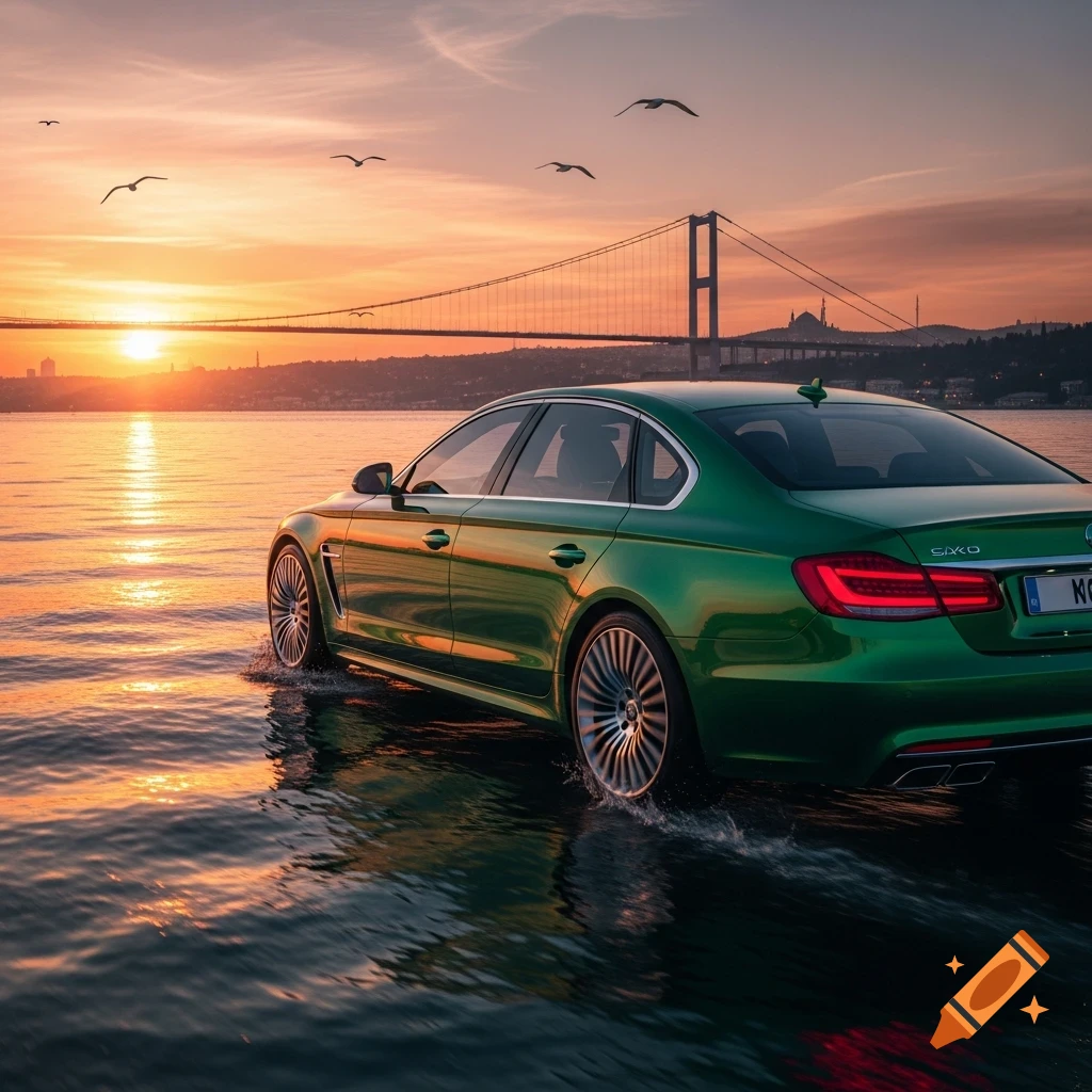 A dark emerald green sedan drives through shallow water at sunset, with a suspension bridge and city skyline in the background, and birds flying overhead.