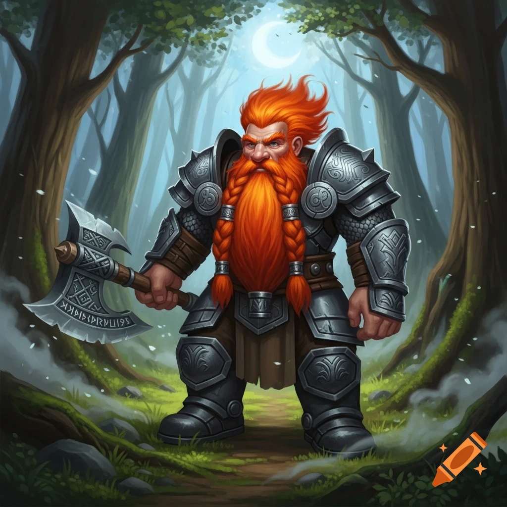 A fantasy dwarf warrior with a braided orange beard and silver armor holds a battle axe in a misty forest.