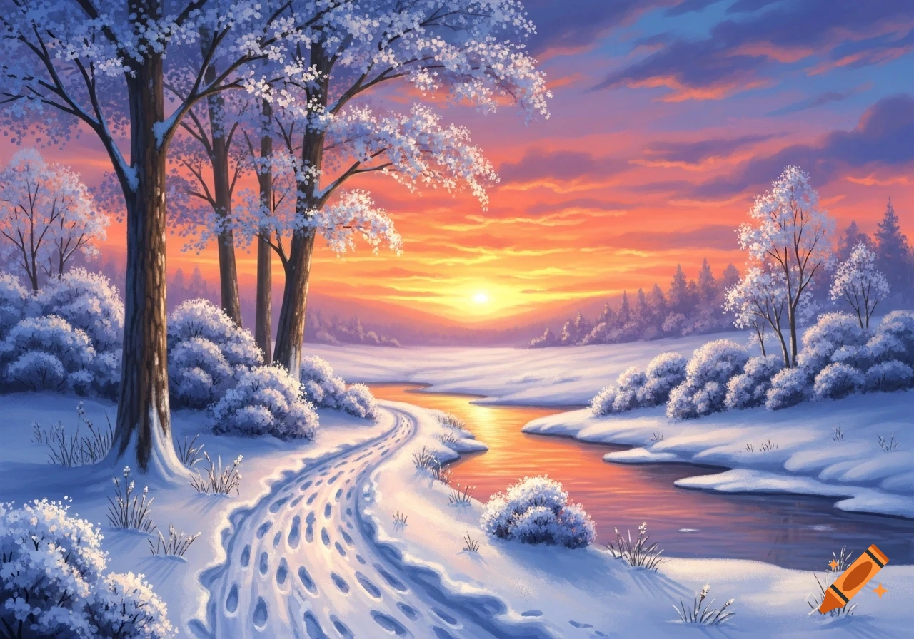 A vibrant winter landscape at sunset, with snow-covered trees and bushes, a winding river, and footprints on a snowy path.