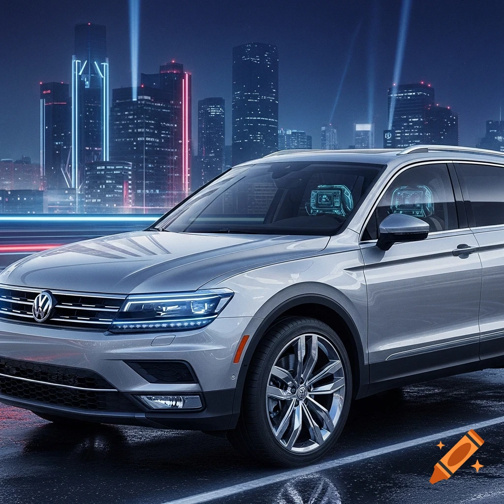 A silver Volkswagen Tiguan SUV parked at night with a futuristic city skyline and light trails in the background, reflections on wet pavement.