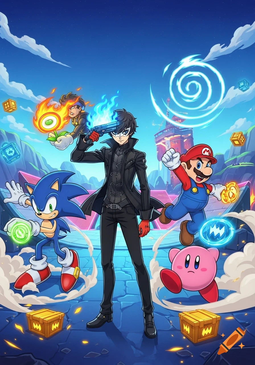 Anime-style art of various video game characters. Joker points a glowing gun at his head, with Sonic, Mario, and Kirby around him in a vibrant landscape.
