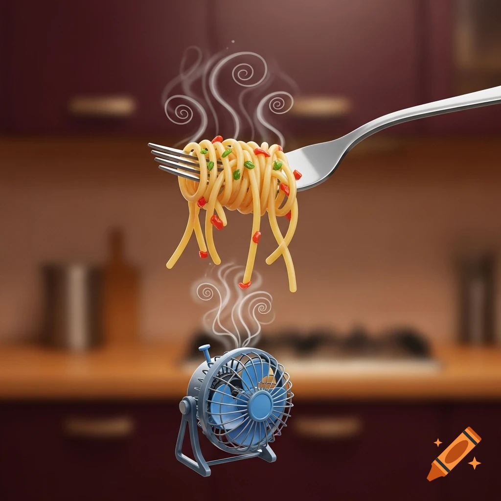 Steaming spaghetti on a fork, cooled by a small blue fan in a blurred kitchen background.