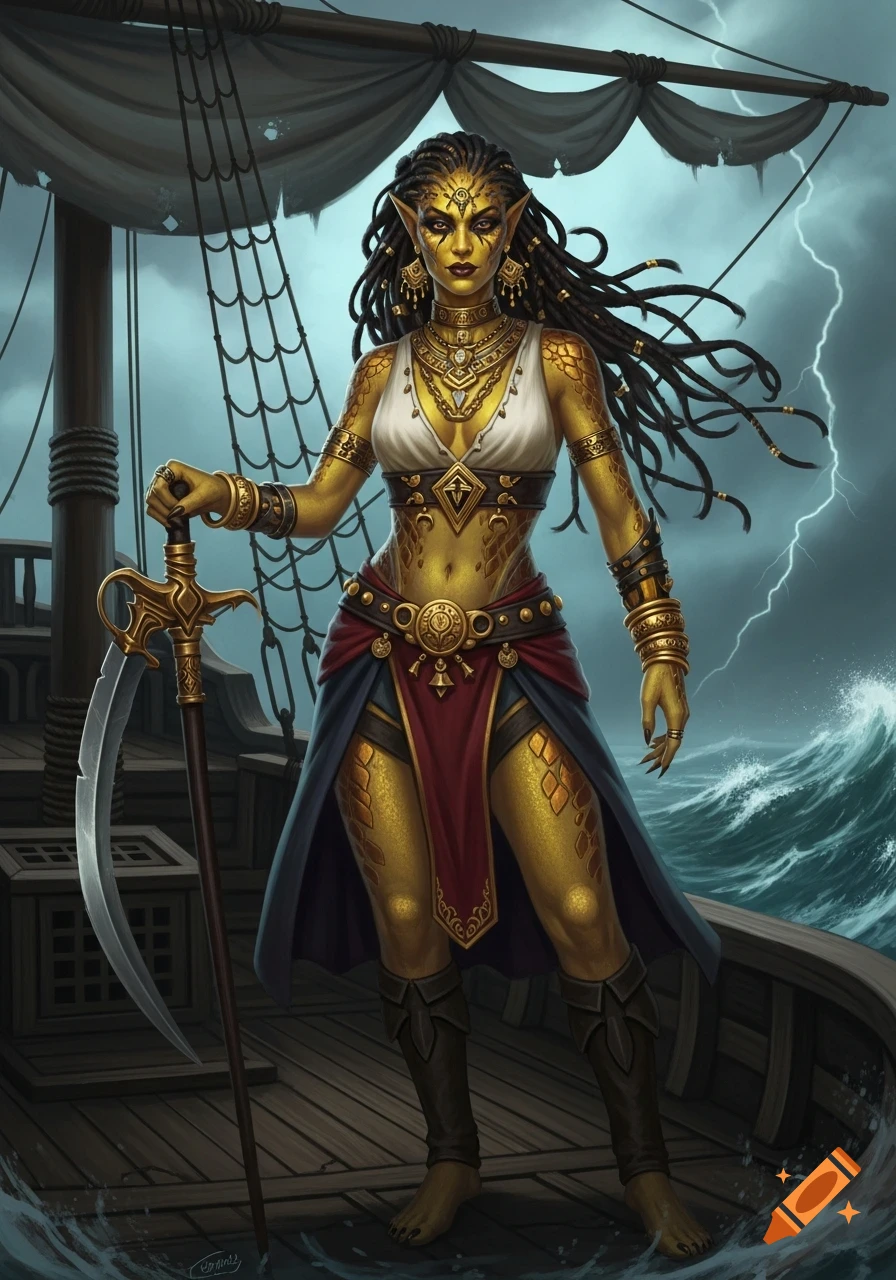 A fierce golden-skinned fantasy pirate woman with scales and dreadlocks stands on a ship in a storm, holding a curved sword.