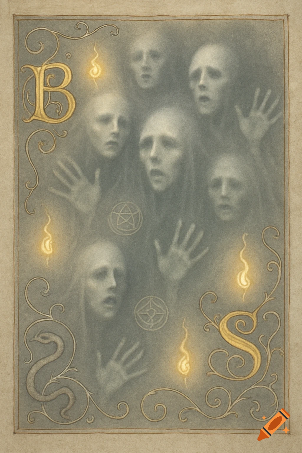 An ornate medieval manuscript illustration shows pale, ghostly faces and reaching hands pressed against a translucent surface, with golden initial letters B and S, sigils, and flickering flames. A serpent motif is in the bottom left corner.
