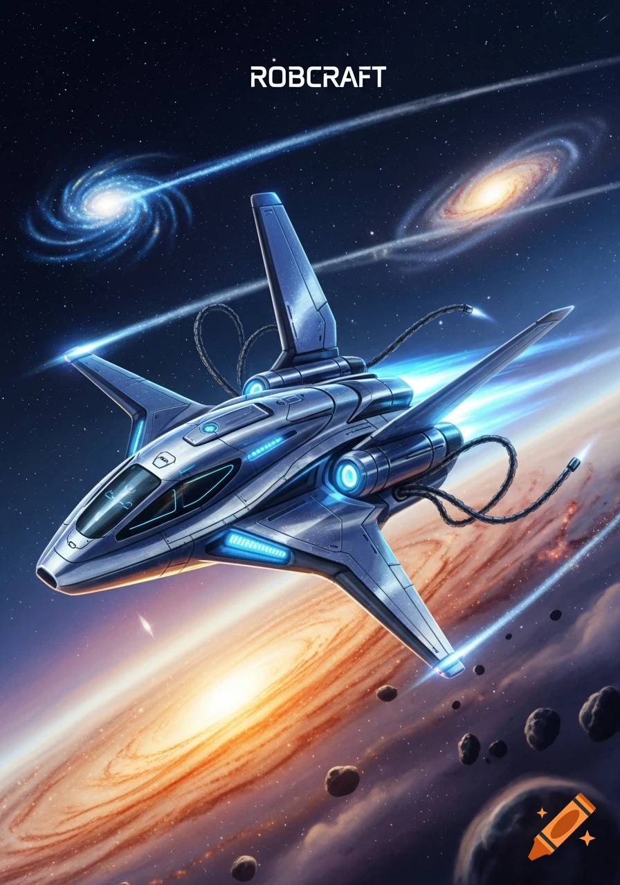 A futuristic blue and silver spaceship flying through space with glowing engines, passing by spiral galaxies and asteroids.