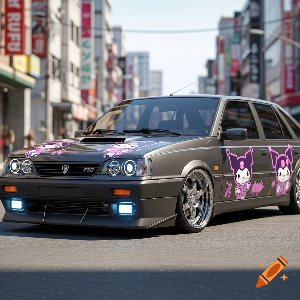 A custom gray FSO Polonez car with pink Kuromi decals and shiny wheels, parked on a city street with buildings in the background.