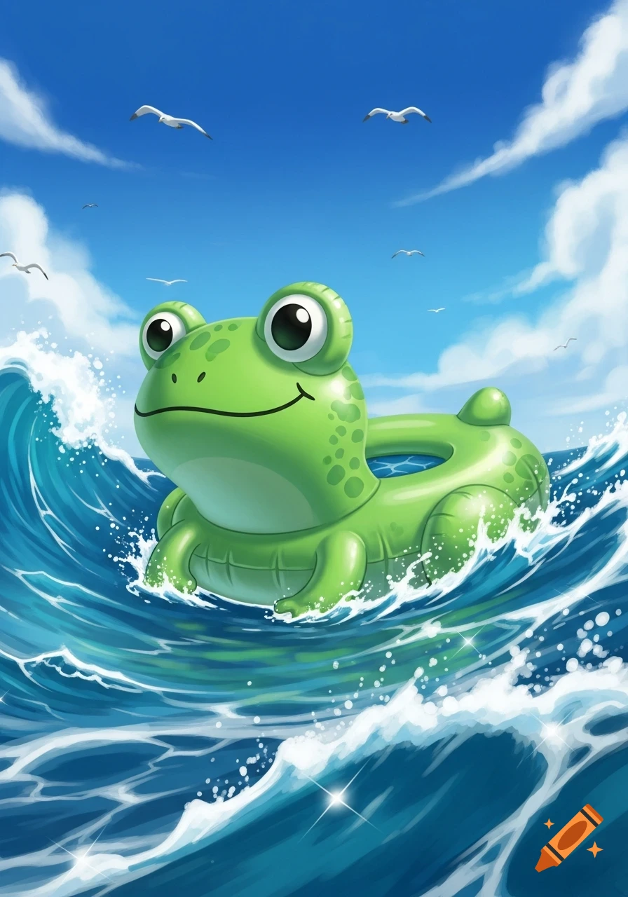 A cheerful green frog-shaped pool floatie floats on large blue ocean waves under a bright sky with seagulls, in a cartoon style.