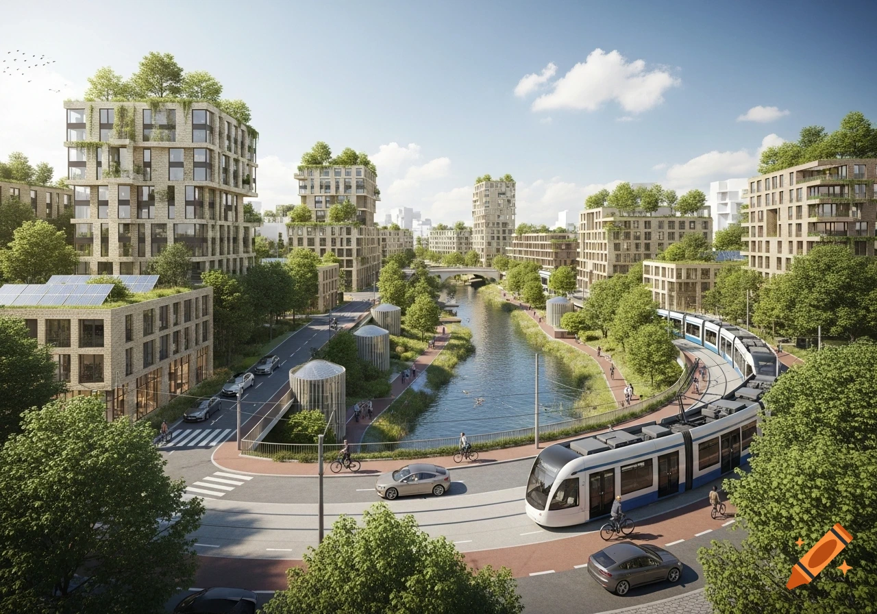 A vibrant futuristic city with lush green buildings, a river, a tram, electric cars, bicycles, and solar panels under a clear sky.