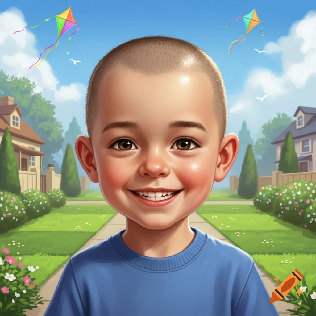 Smiling cartoon boy with a buzz cut in a sunny neighborhood with kites flying.