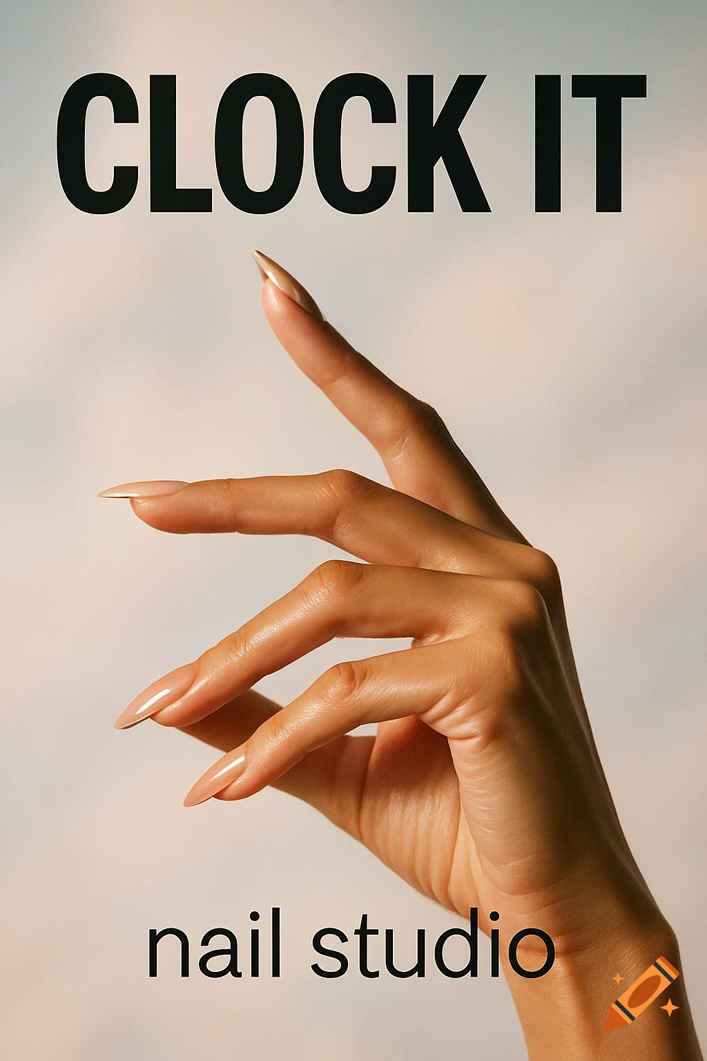 Well-manicured hand with long nude nails in a 'clock it' gesture, 'CLOCK IT' and 'nail studio' text on a clean background.