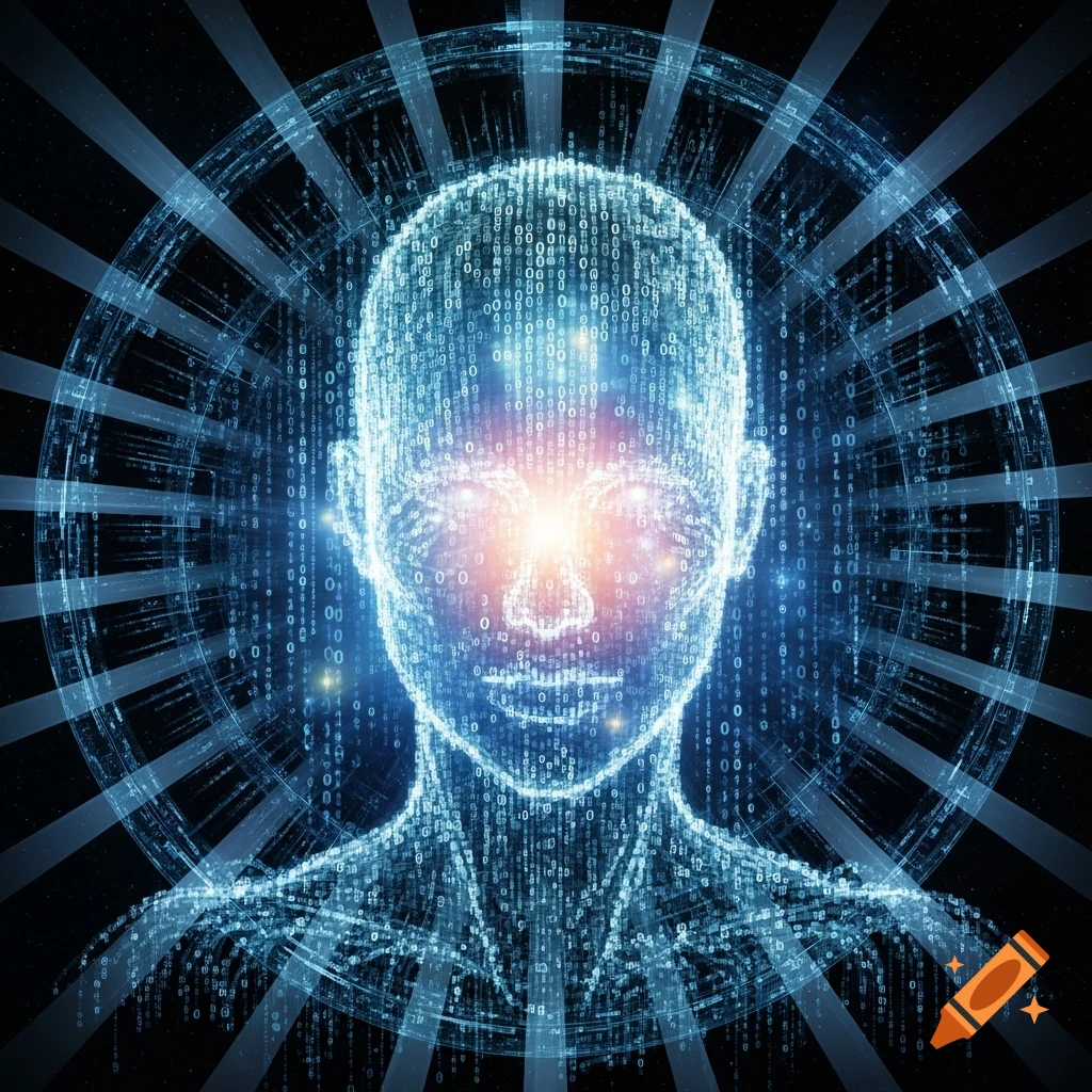 A glowing human head and shoulders made of binary code, with light emanating from the eyes and forehead, surrounded by digital rings and rays.