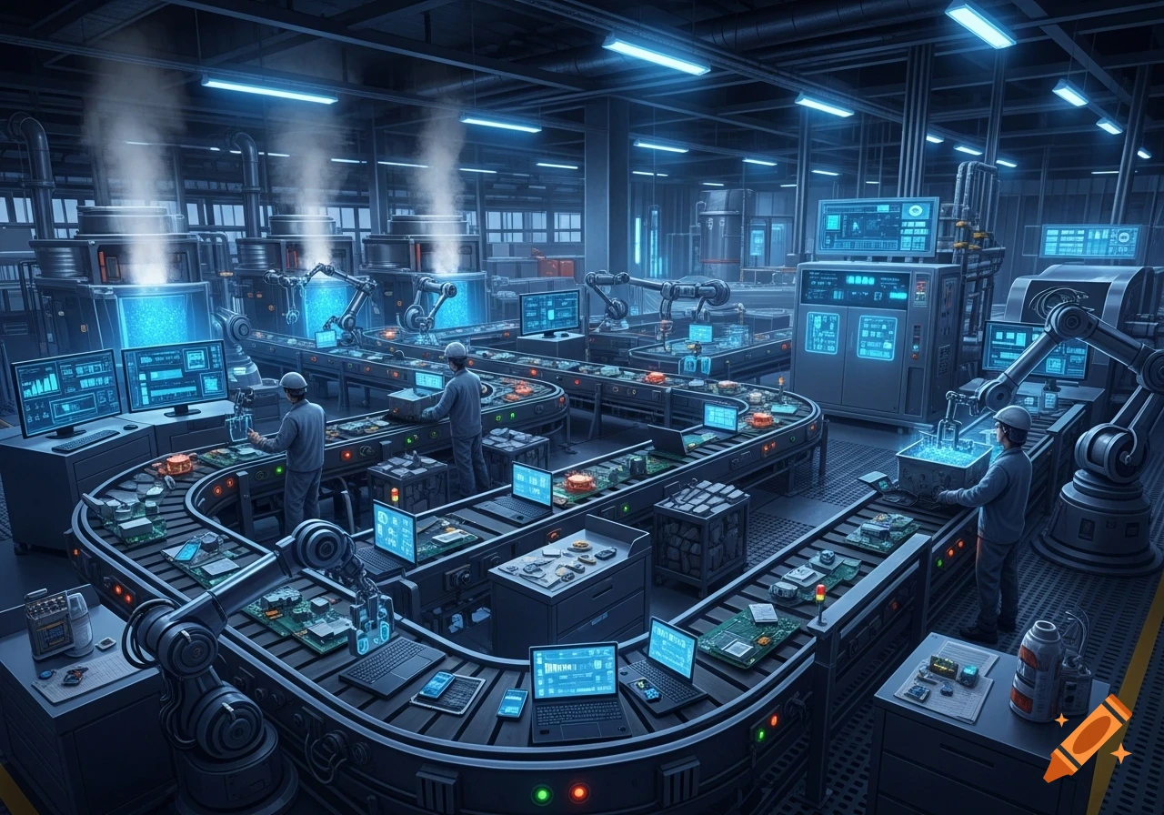 A detailed, photorealistic view of a modern electronic waste recycling plant with workers, conveyor belts, and machinery.