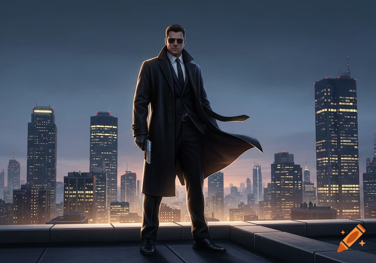 A man in a trench coat and sunglasses holds a pistol, standing on a city rooftop with a skyline at dusk.