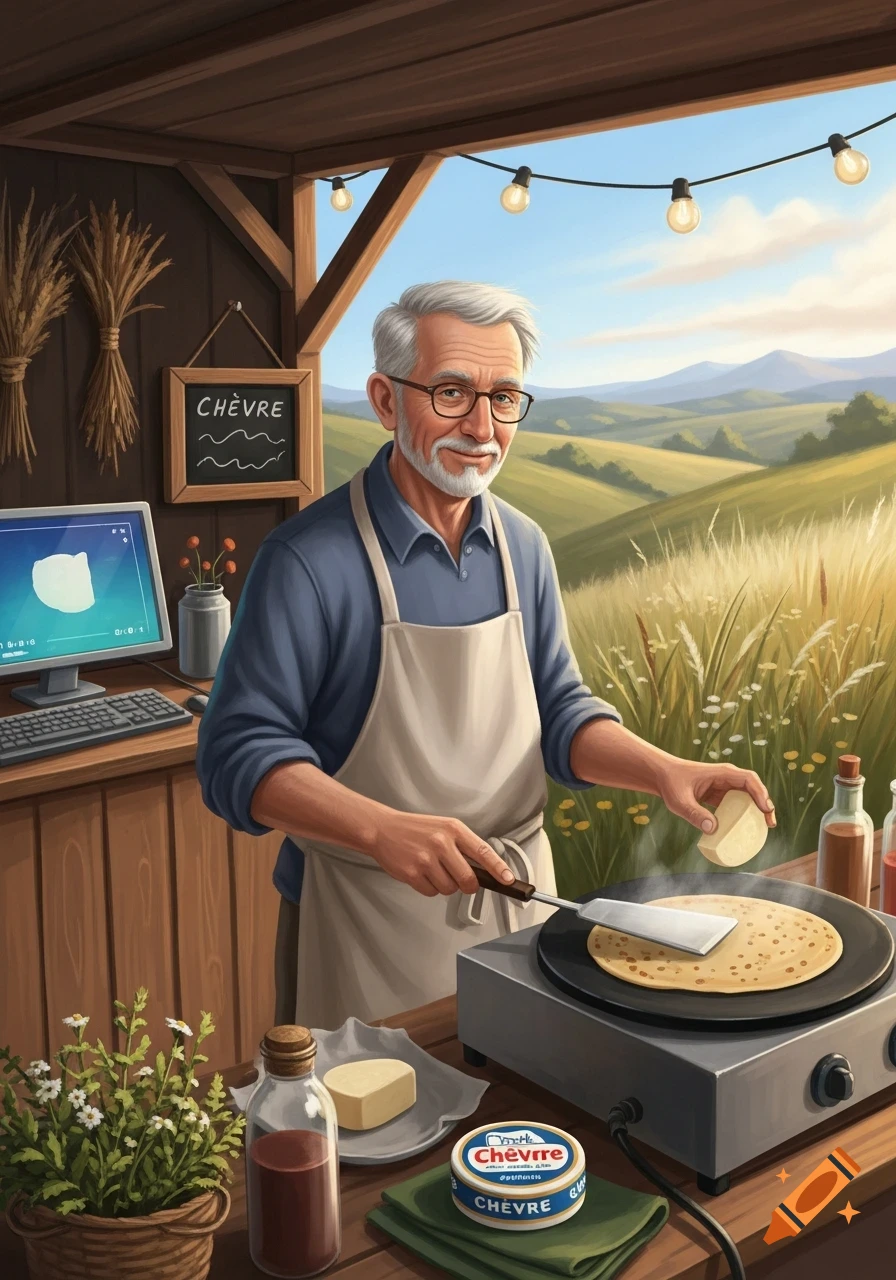 An old man with glasses and a white beard makes crepes on a hot plate under a wooden shelter, with green hills and fields in the background. He holds a spatula and a block of cheese, wearing an apron.