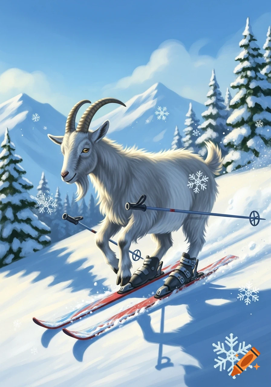 An illustrated white goat with horns and a beard skis down a snowy mountain slope with pine trees and falling snowflakes.