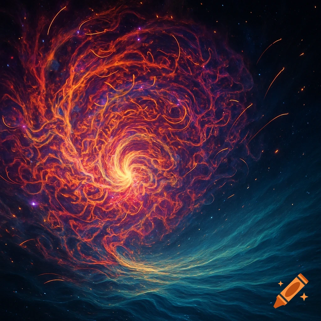 A vibrant, swirling abstract cosmic formation with a bright orange and red fiery center, blending into deep blue and teal energy at the bottom.