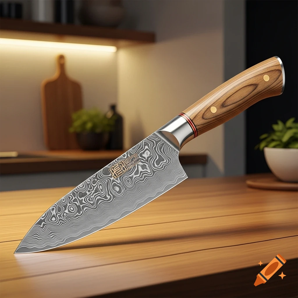 A close-up of a high-quality santoku knife with a patterned steel blade and a light wood handle, on a wooden kitchen counter.