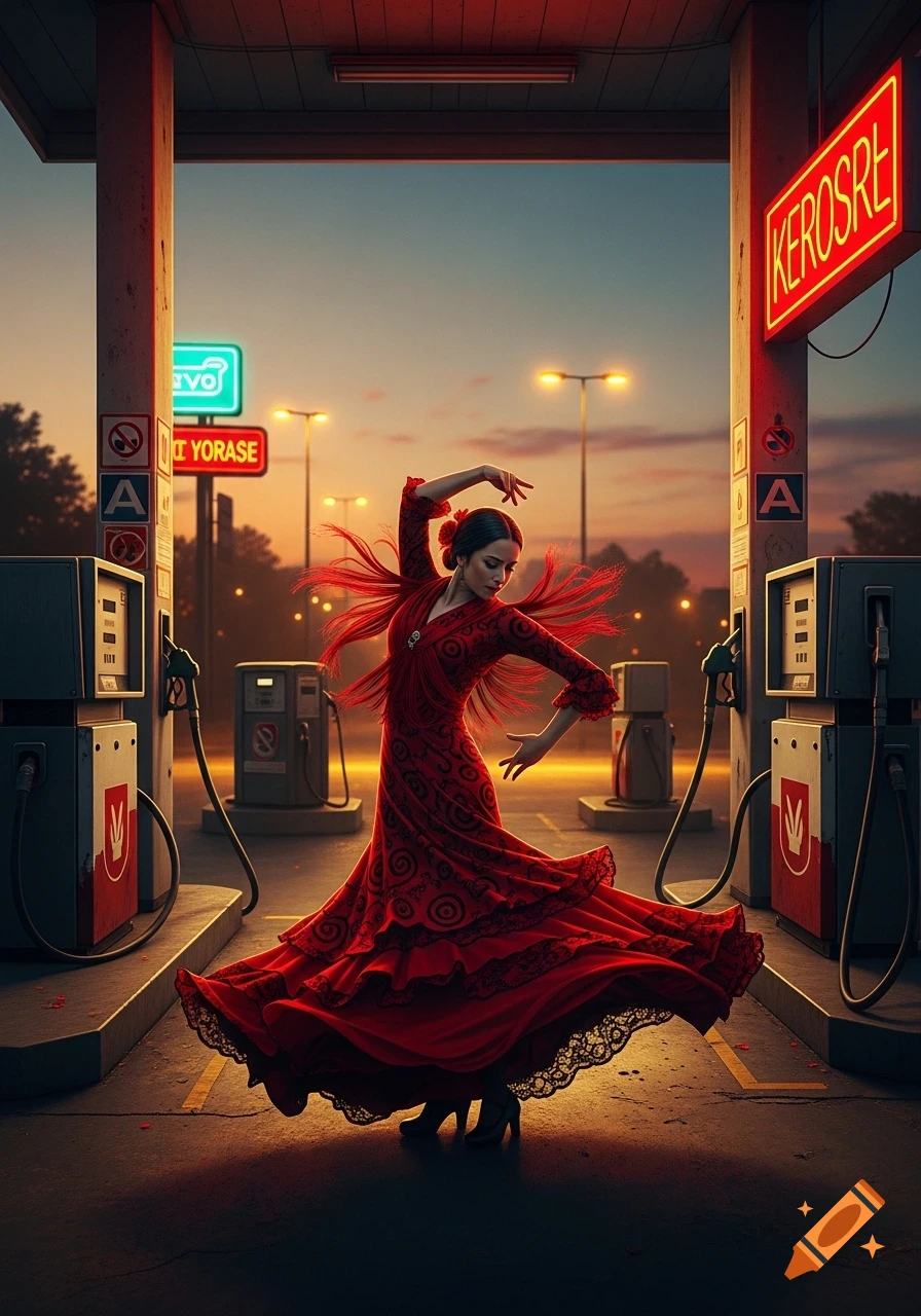 A woman in a vibrant red flamenco dress dances gracefully under the illuminated canopy of a gas station at dusk, with glowing neon signs.