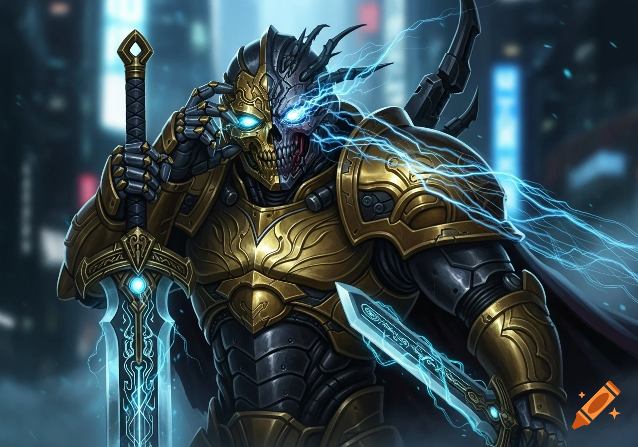 A menacing cyborg in ornate golden and dark armor reveals a skull-like visage with glowing blue eyes, holding two glowing blue energy swords in a dark cityscape.