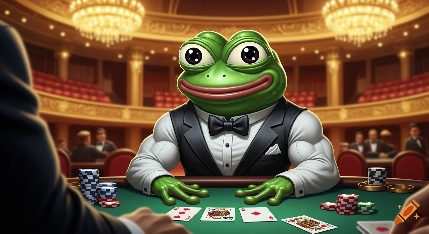 A cartoon Pepe the frog in a tuxedo playing poker at a casino table, smiling at the viewer.