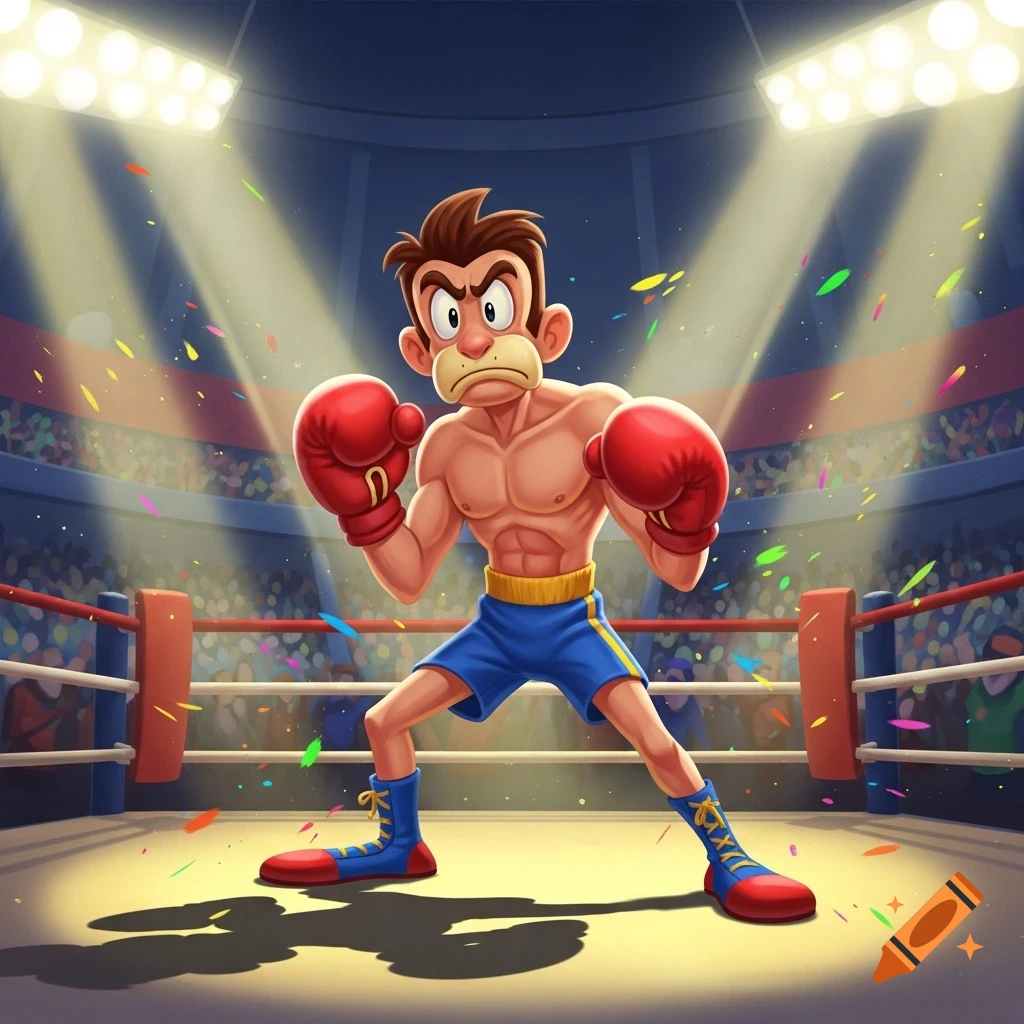 A scrawny cartoon boxer with red gloves and blue shorts stands in a brightly lit boxing ring, surrounded by confetti.