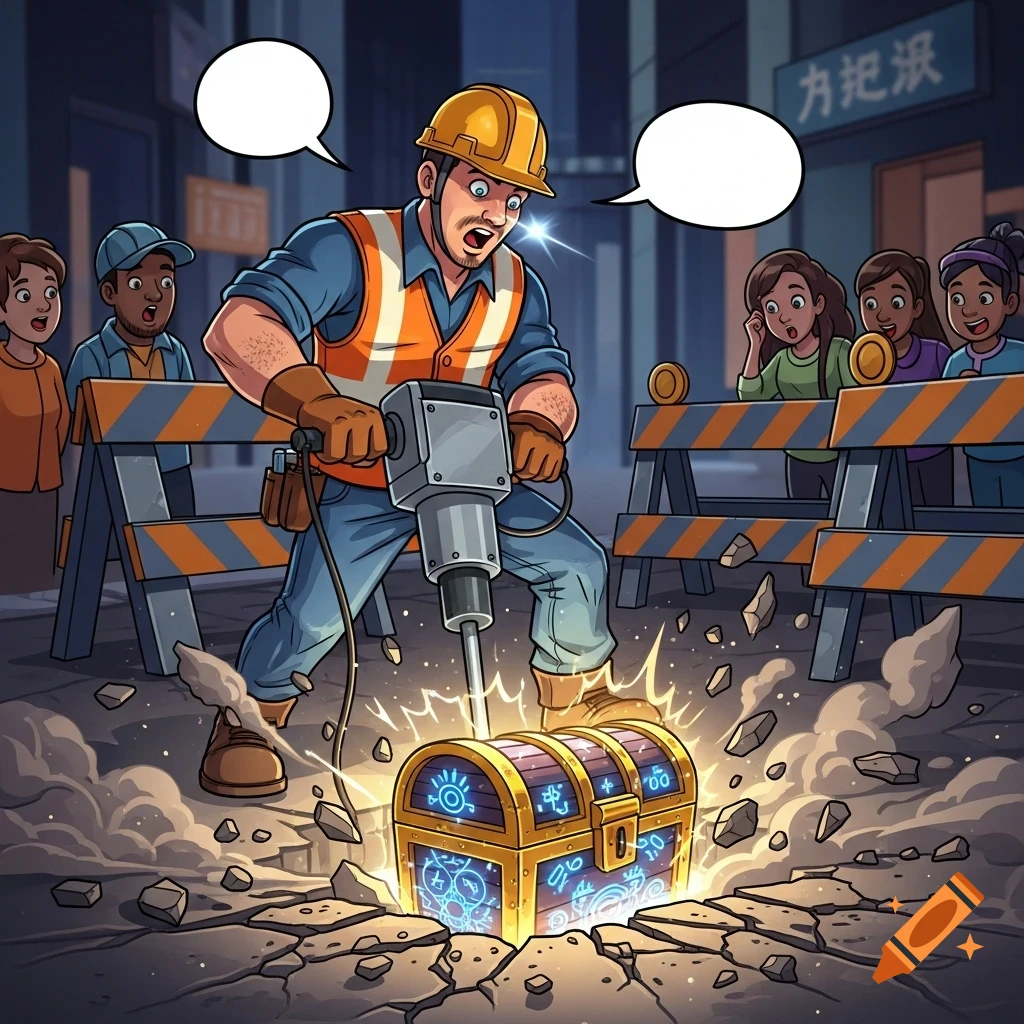 A cartoon construction worker uses a jackhammer to unearth a glowing treasure chest as onlookers watch in surprise.