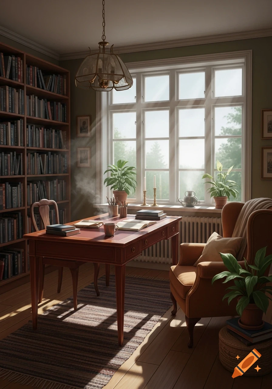 A sunlit, cozy study room with a wooden desk, armchair, and a bookshelf filled with books, bathed in warm light.
