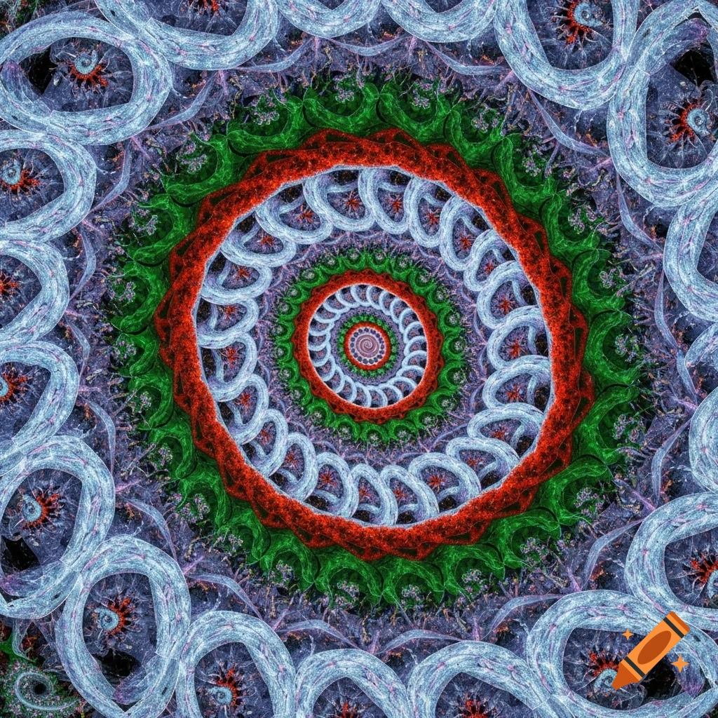 A vibrant, intricate fractal pattern with a central red-outlined spiral, surrounded by swirling blue and green tendrils.