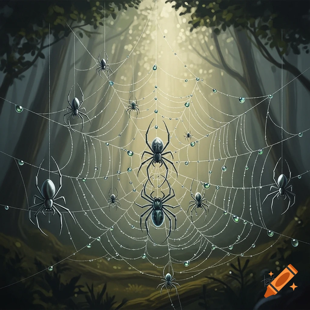 Detailed digital painting of numerous spiders on a dew-covered spiderweb in a sunlit forest.