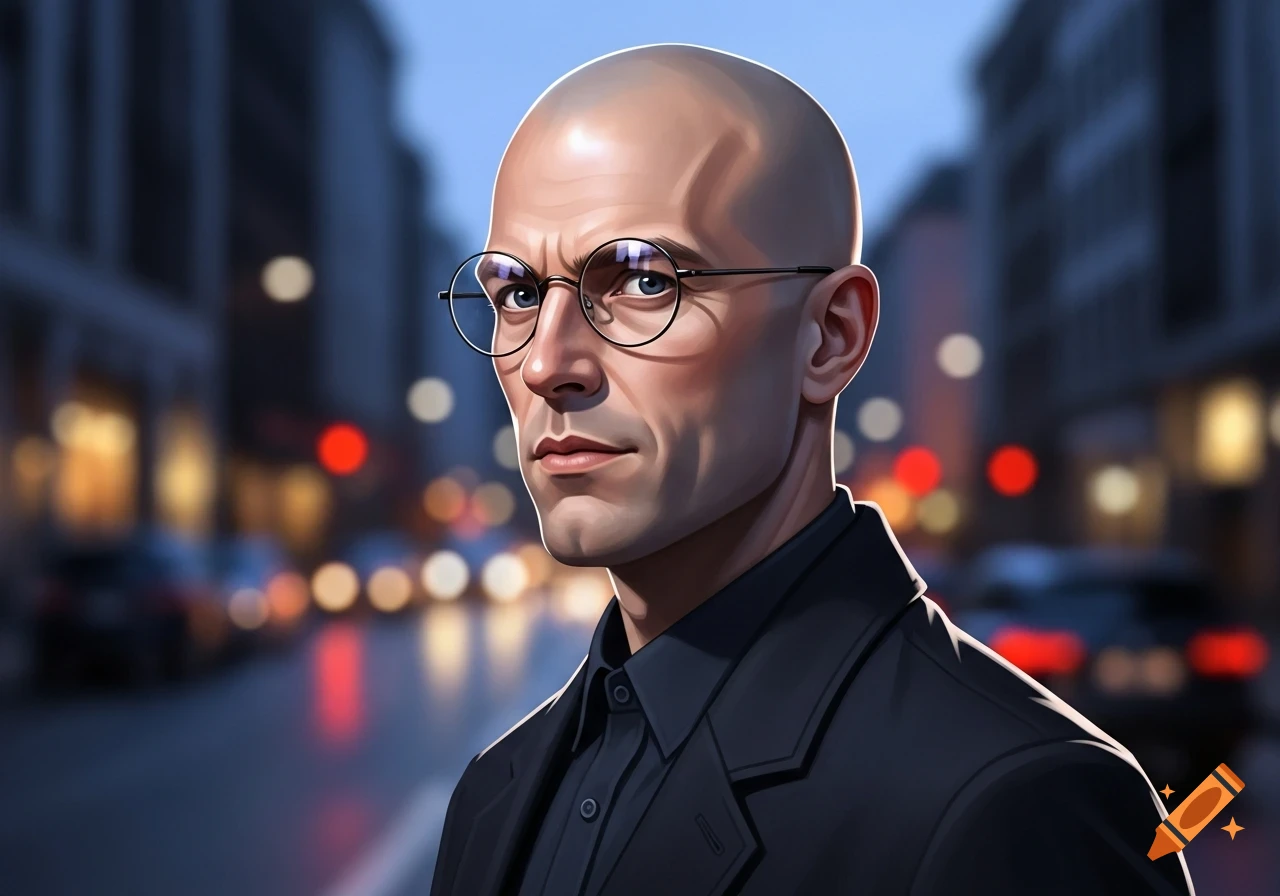 A bald man with round glasses and a dark suit stands in a city street at night, with blurred lights in the background.